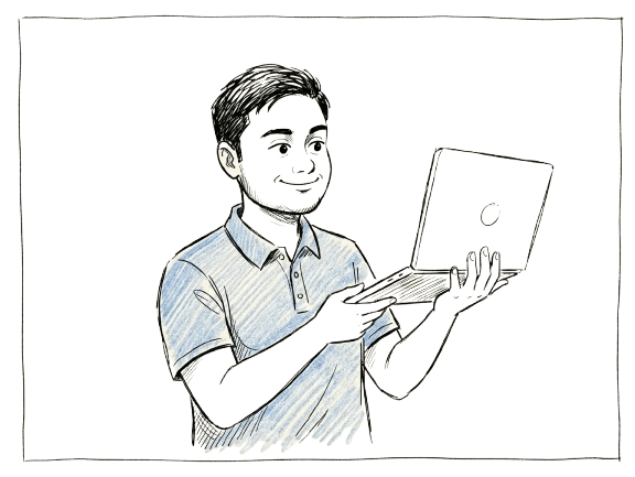 Illustrated portrait of Shagato working on a laptop