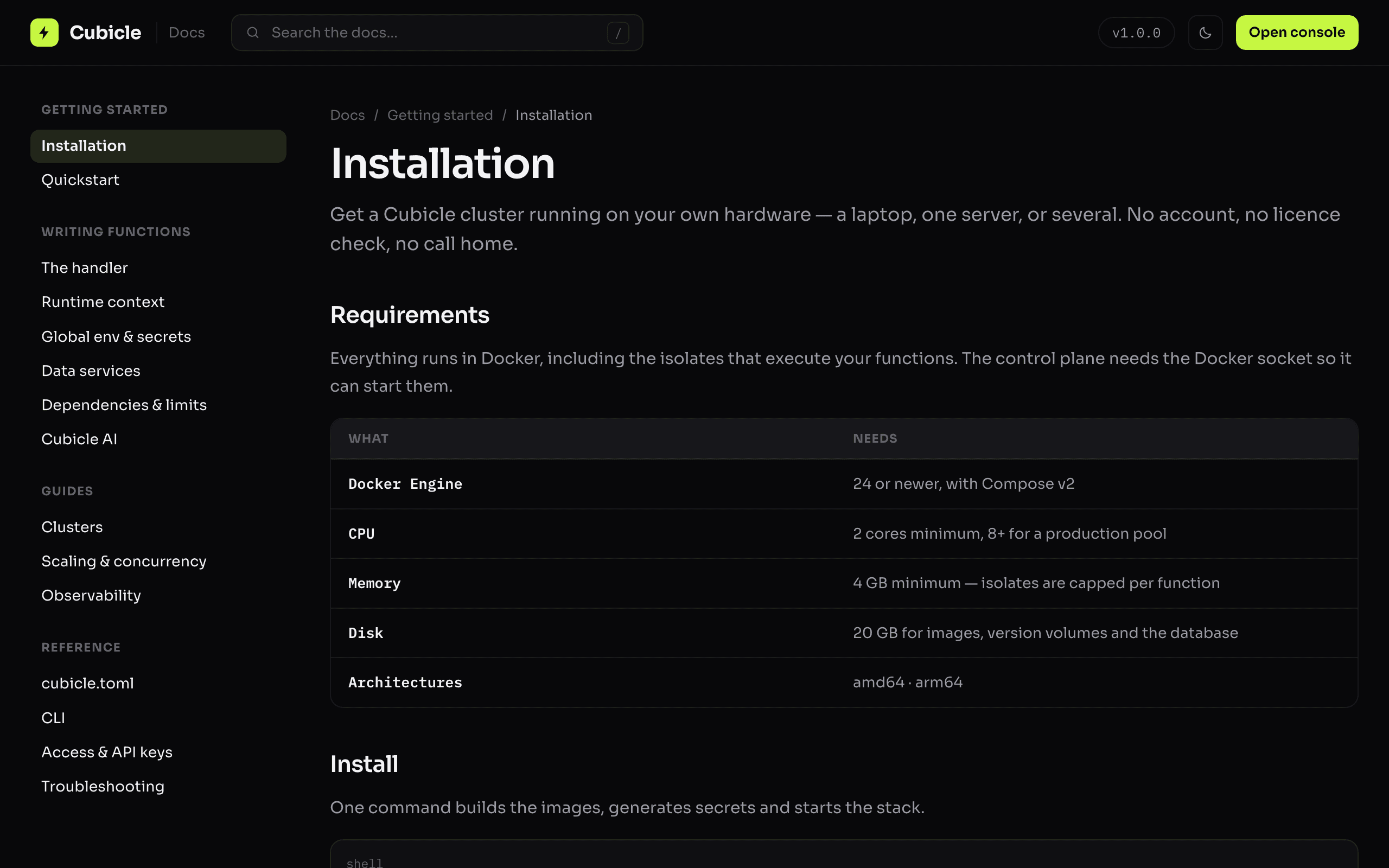 The documentation — screenshot of Cubicle